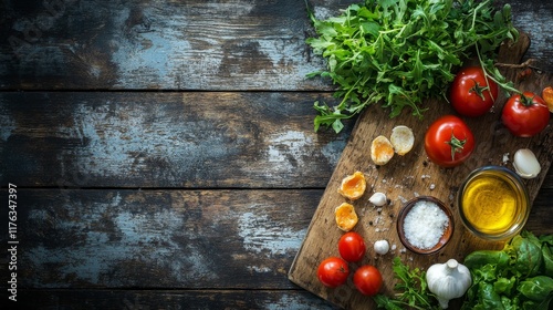 Healthy food concept for heart and cholesterol diet, featuring nutritious ingredients on vintage wooden boards, promoting wellness and balanced nutrition for cardiovascular health. photo