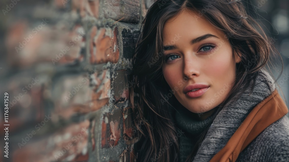 Fototapeta premium Captivating Close-Up of a Young Woman with Long Hair Posed Against a Textured Brick Wall in Warm Tones Emphasizing Natural Beauty and Casual Style