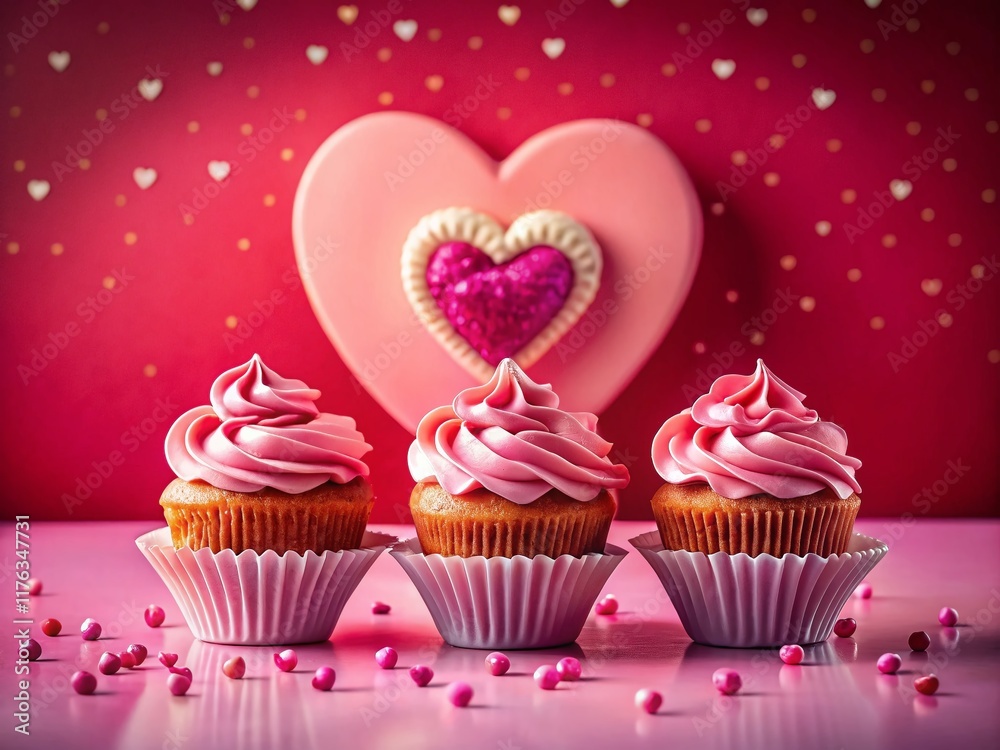 Surreal Valentine's Day Heart-Shaped Cake & Cupcakes: Pink Background with Copy Space Surreal Valentine's Day Heart-Shaped Cake & Cupcakes: Pink Background with Copy Space