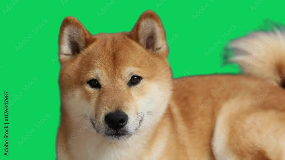 Shiba Inu sitting and looking around on a Green Screen, Chroma Key. Shiba Inu sitting and looking around on a Green Screen, Chroma Key.