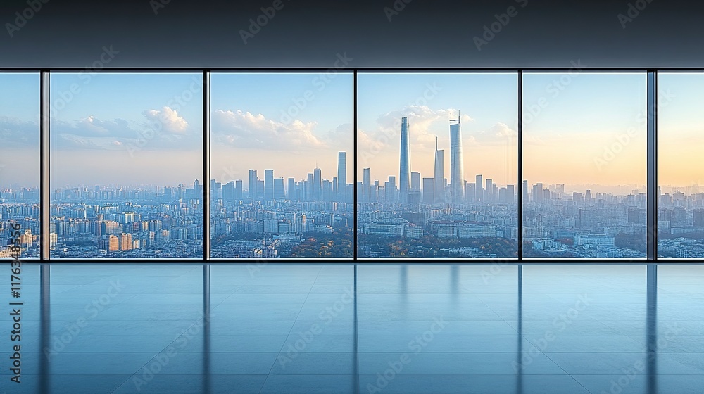 A panoramic view of a city skyline through large glass windows, showcasing modern architecture and urban landscape. A panoramic view of a city skyline through large glass windows, showcasing modern architecture and urban landscape.