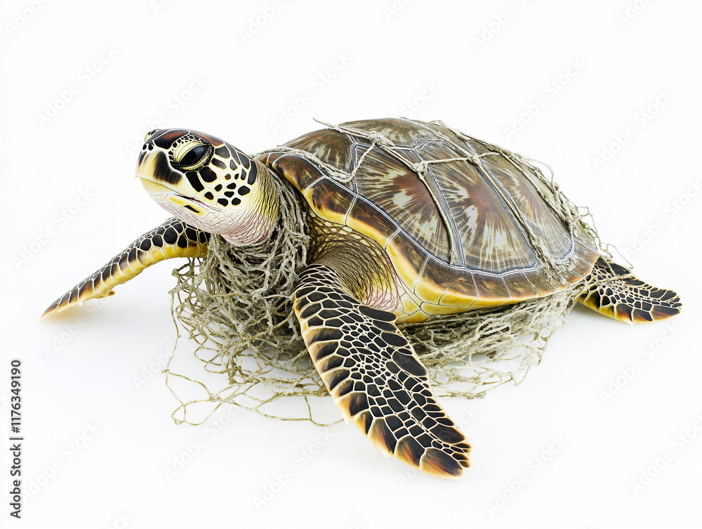 Obraz premium Turtle entangled in fishing net, showcasing impact of pollution on marine life. This highlights urgent need for conservation efforts
