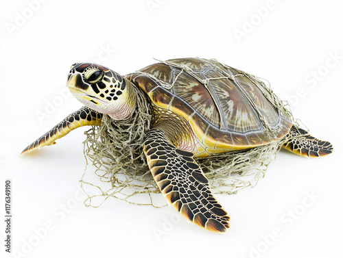 Turtle entangled in fishing net, showcasing impact of pollution on marine life. This highlights urgent need for conservation efforts photo