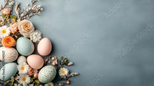 Pastel Easter eggs nestled amongst delicate spring blossoms on a blue textured background.