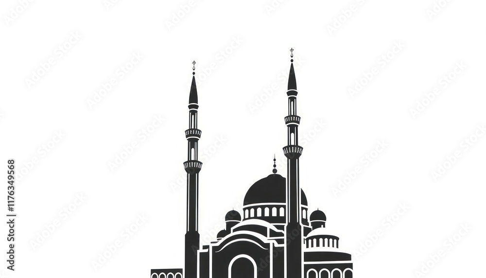Fototapeta premium Monochrome mosque icon with a detailed minaret and ornamental circular frame.