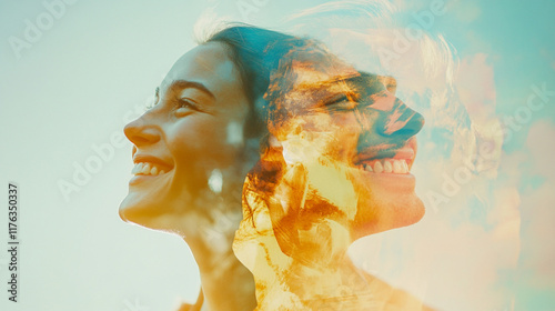 Two joyful women share smiles in a double exposure image, radiating happiness and positivity against a bright sky backdrop.