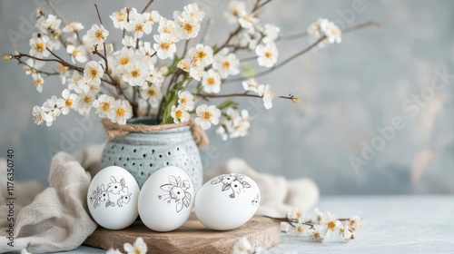 Elegant Easter eggs adorned with floral designs, nestled amongst blooming branches. A serene spring scene. photo