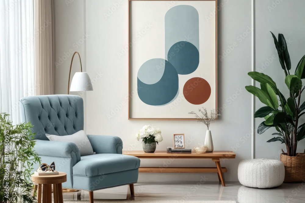 Obraz premium Blue armchair with wooden long coffee table interior design of modern living room