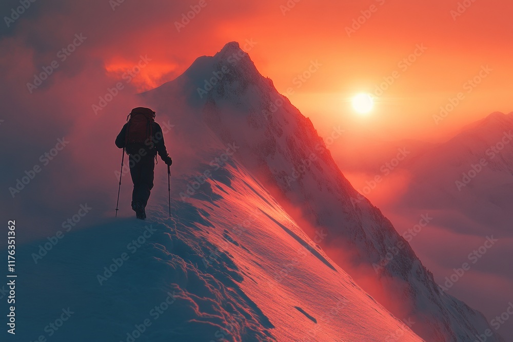 Obraz premium A man in a red jacket is walking up a snowy mountain