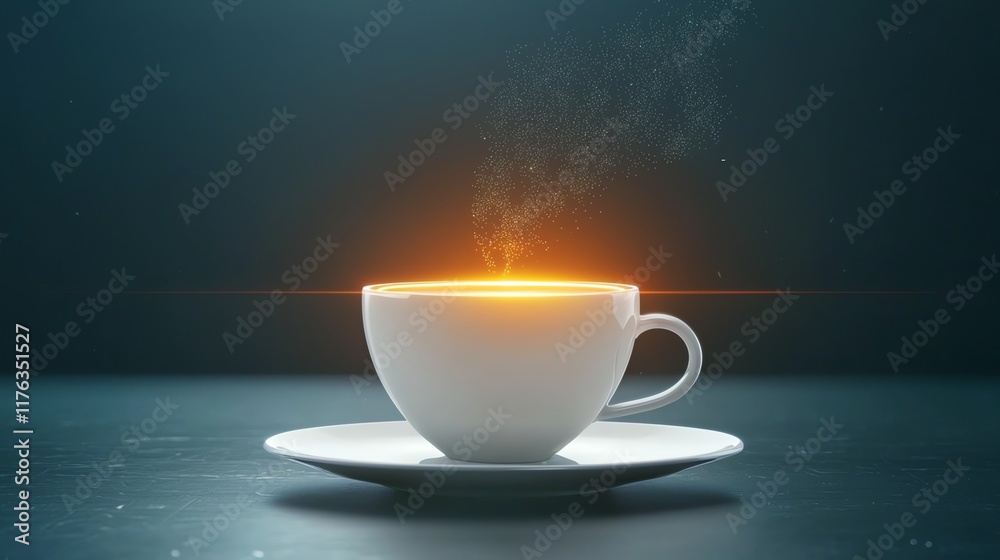 Obraz premium A steaming cup of coffee emits vibrant light against a dark background, creating a warm and inviting atmosphere.