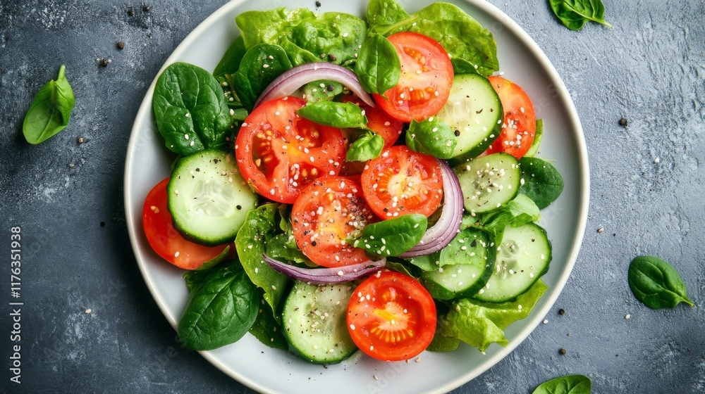 Healthy vegetable salad with fresh tomato, cucumber, onion, spinach, lettuce, and sesame seeds on a plate, perfect for a nutritious diet menu – top view of colorful and fresh ingredients for healthy e Healthy vegetable salad with fresh tomato, cucumber, onion, spinach, lettuce, and sesame seeds on a plate, perfect for a nutritious diet menu – top view of colorful and fresh ingredients for healthy e