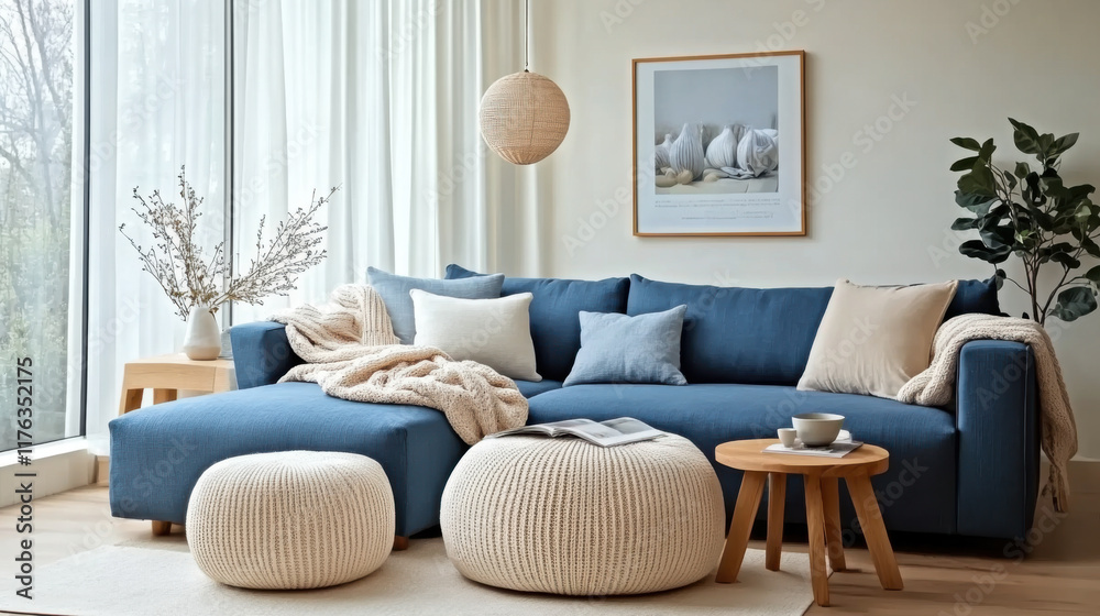 Fototapeta premium Two knitted poufs near dark blue corner sofa. Scandinavian home interior