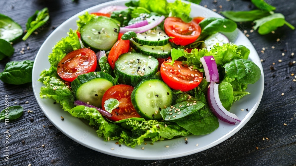 Healthy vegetable salad with fresh tomato, cucumber, onion, spinach, lettuce, and sesame seeds on a plate, perfect for a nutritious diet menu – top view of colorful and fresh ingredients for healthy e Healthy vegetable salad with fresh tomato, cucumber, onion, spinach, lettuce, and sesame seeds on a plate, perfect for a nutritious diet menu – top view of colorful and fresh ingredients for healthy e