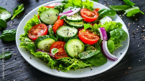 Wallpaper Mural Healthy vegetable salad with fresh tomato, cucumber, onion, spinach, lettuce, and sesame seeds on a plate, perfect for a nutritious diet menu – top view of colorful and fresh ingredients for healthy e Torontodigital.ca
