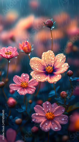 A beautiful flower field in the rain, colorful blooms gently swaying, raindrops on petals