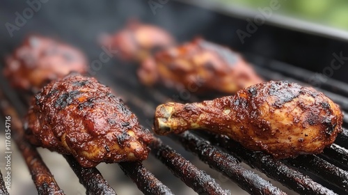 Authentic jamaican jerk chicken cooking on a smoky outdoor grill with charred seasoning and aromatic spices creating a flavorful caribbean barbecue scene