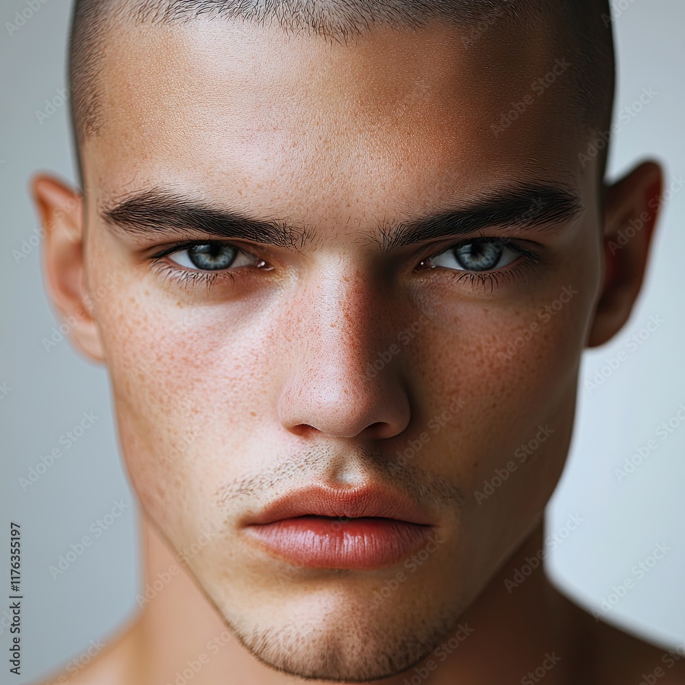 Obraz premium A man with a shaved head and blue eyes