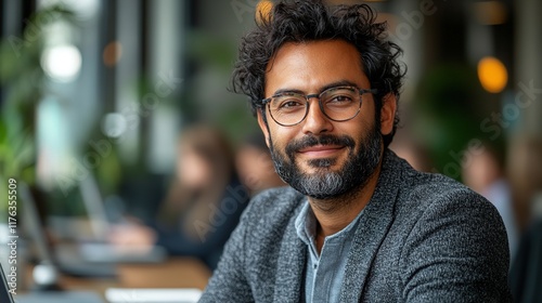 A smiling man with curly hair and glasses sits in a modern office environment, exuding confidence and approachability.
