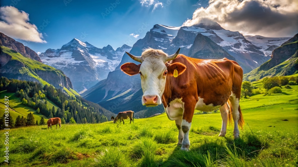 Swiss Alps Cow Grazing, Brown White Cattle, Interlaken Pasture, Lush Green Field, Mountain Scenery Swiss Alps Cow Grazing, Brown White Cattle, Interlaken Pasture, Lush Green Field, Mountain Scenery