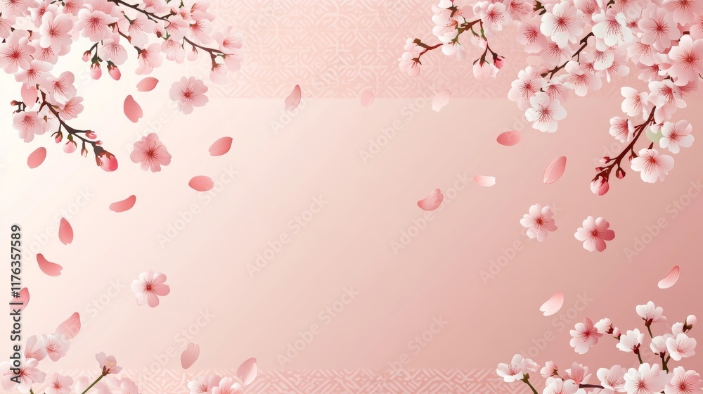 Delicate cherry blossoms frame a soft pink background, evoking spring's beauty. Delicate cherry blossoms frame a soft pink background, evoking spring's beauty.