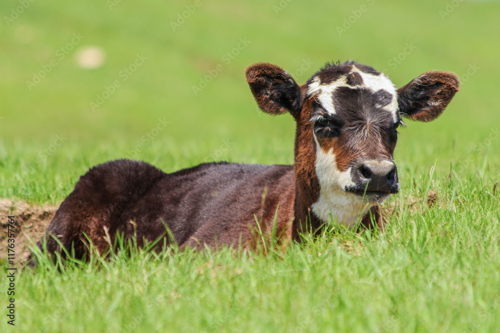 brockle face calf laying on grass brockle face calf laying on grass