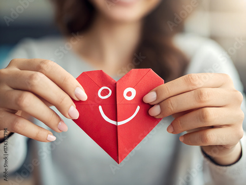 woman holding smiling heart - close up