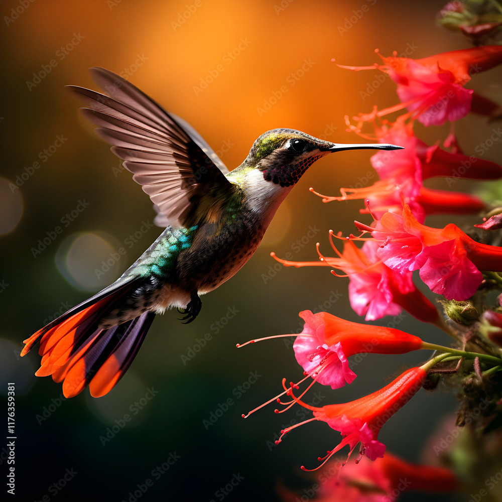 Iridescent Hummingbird in Flight: Capturing the Moment of Precision Feeding