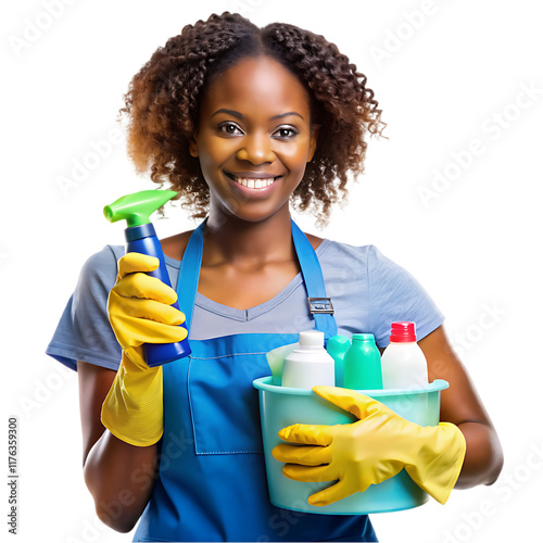 Black cleaner woman holding detergent spray bottle