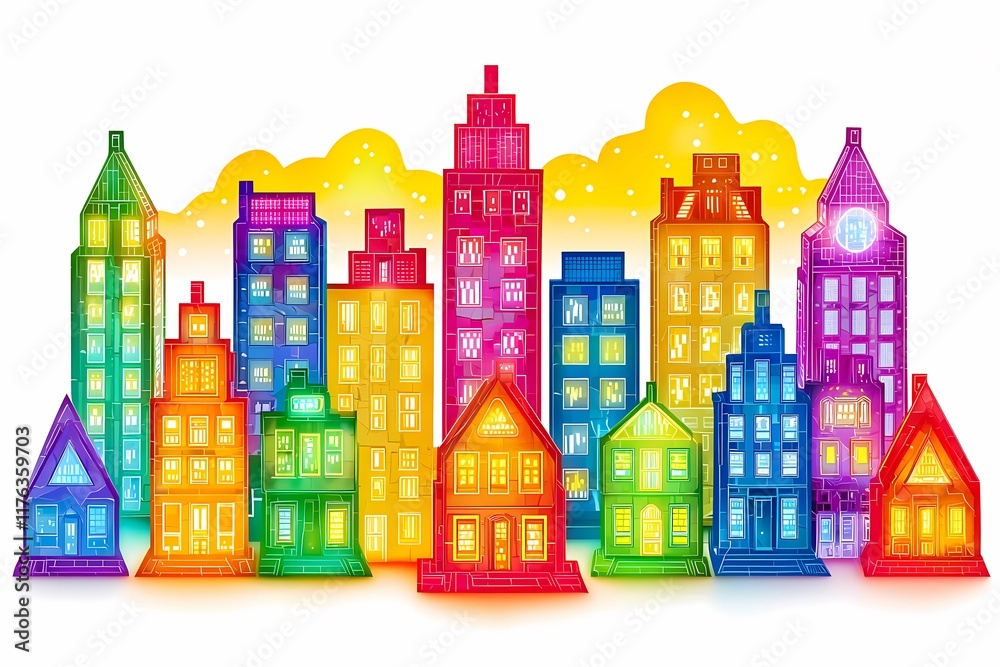 Naklejka premium Colorful city skyline with vibrant houses and whimsical designs