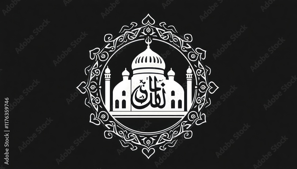 Fototapeta premium Ornamental mosque monogram with Kufic script-inspired designs and intricate borders.