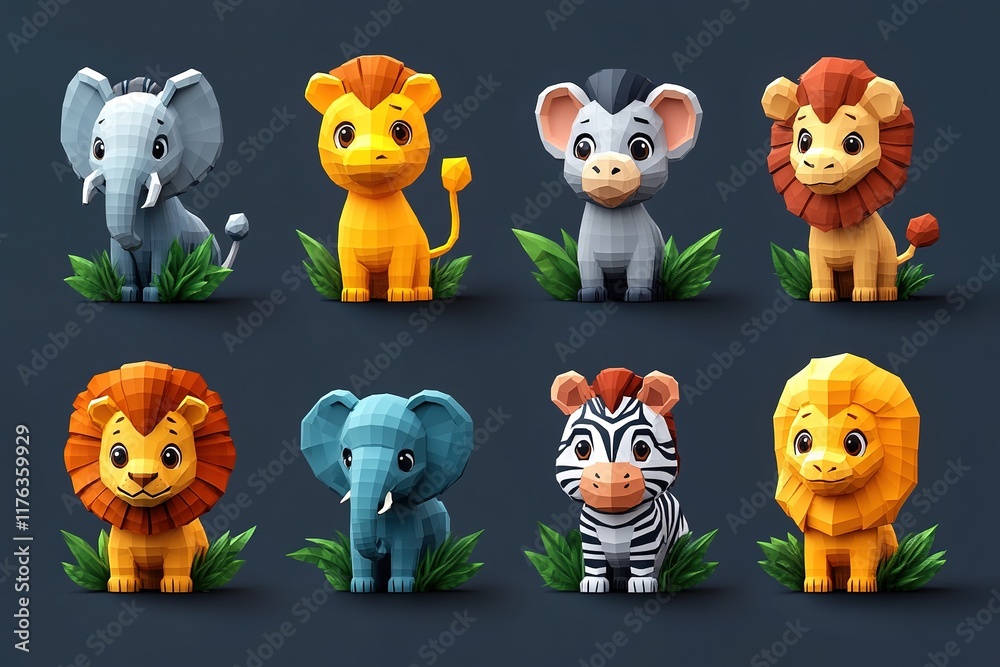 Naklejka premium A colorful collection of stylized animal figures, including elephants, lions, and zebras, set against a dark background.