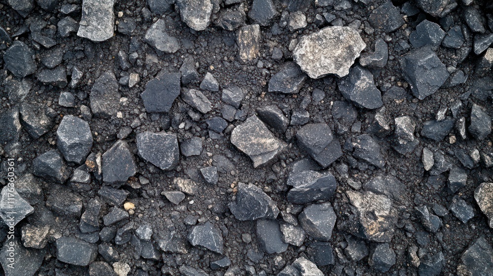 A close-up view of a rocky surface, featuring various sizes of dark stones and gravel. A close-up view of a rocky surface, featuring various sizes of dark stones and gravel.