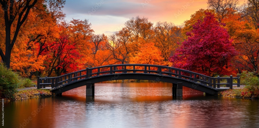 Obraz premium Serene Autumn Scene with Bridge over Calm Water and Colorful Trees