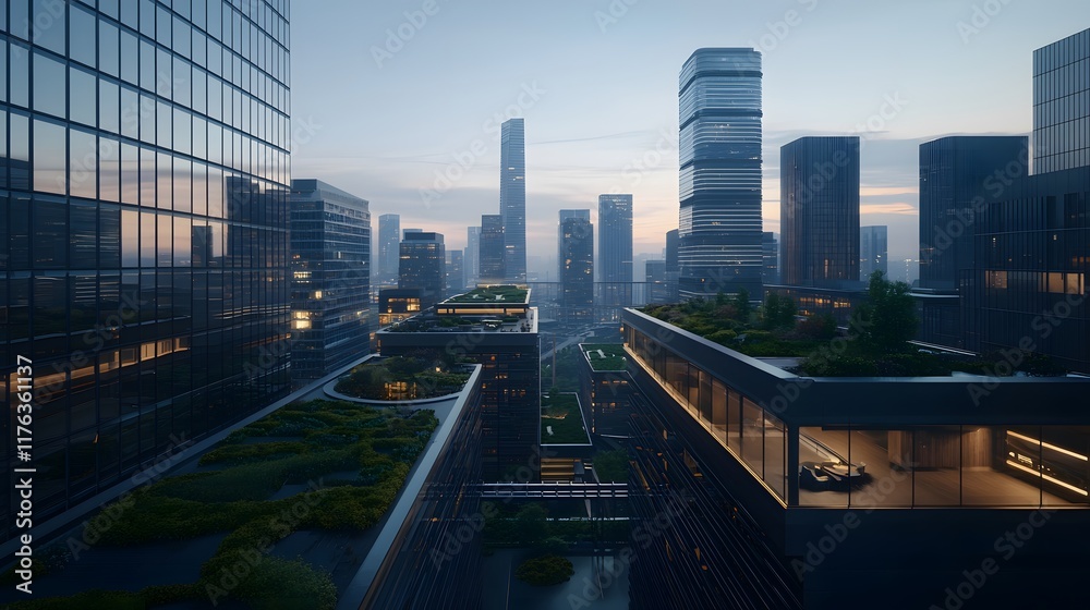 Fototapeta premium Futuristic Cityscape at Dawn Featuring Sleek Architecture and Modern Urban Design with Lush Rooftop Gardens