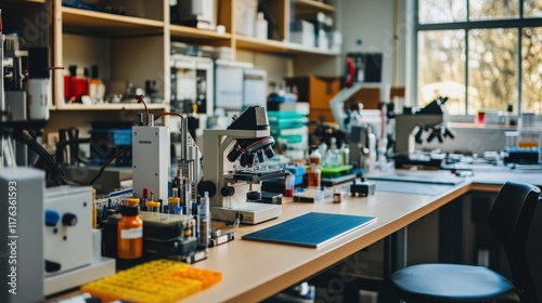 Well-Organized Laboratory Workspace with High-Tech Equipment, Microscopes, and Clear Surfaces for Scientific Research, Experimentation, and Analysis in a Modern Setting