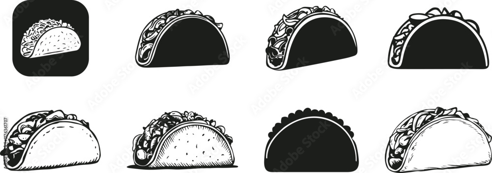 black and white icons set. silhouette vector of a black Taco icon black and white icons set. silhouette vector of a black Taco icon