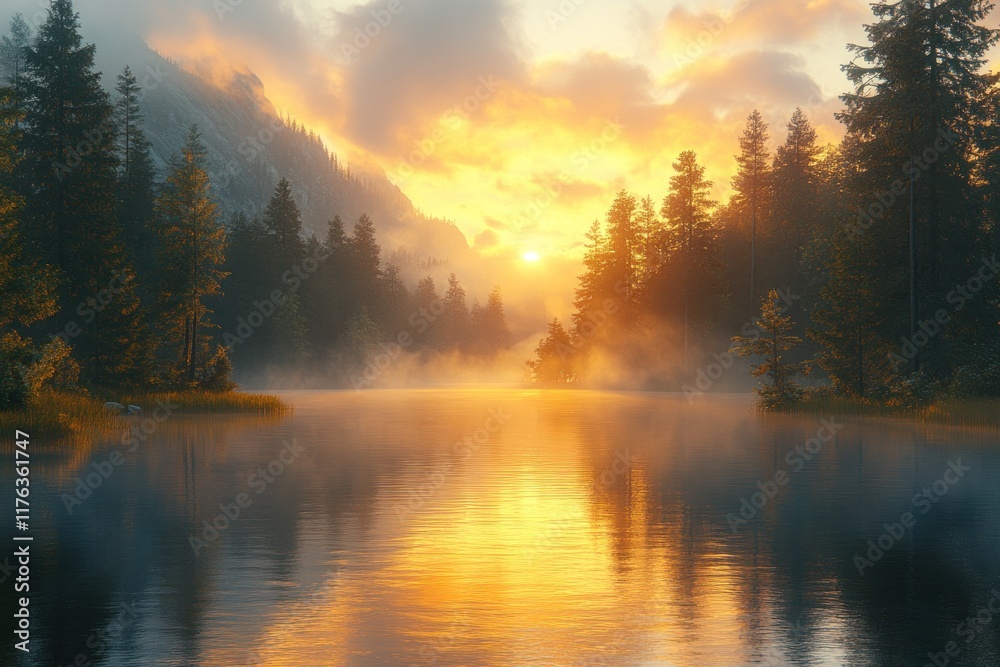 Golden sunrise over misty lake, pine forest. Golden sunrise over misty lake, pine forest.