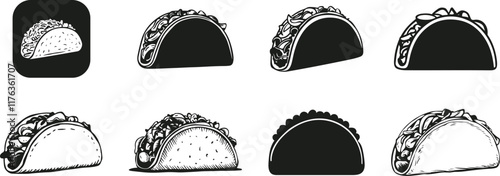 black and white icons set. silhouette vector of a black Taco icon