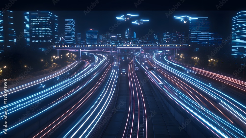 Futuristic cityscape drenched in neon lights showcasing advanced transportation networks and glowing skyline at night. Futuristic cityscape drenched in neon lights showcasing advanced transportation networks and glowing skyline at night.