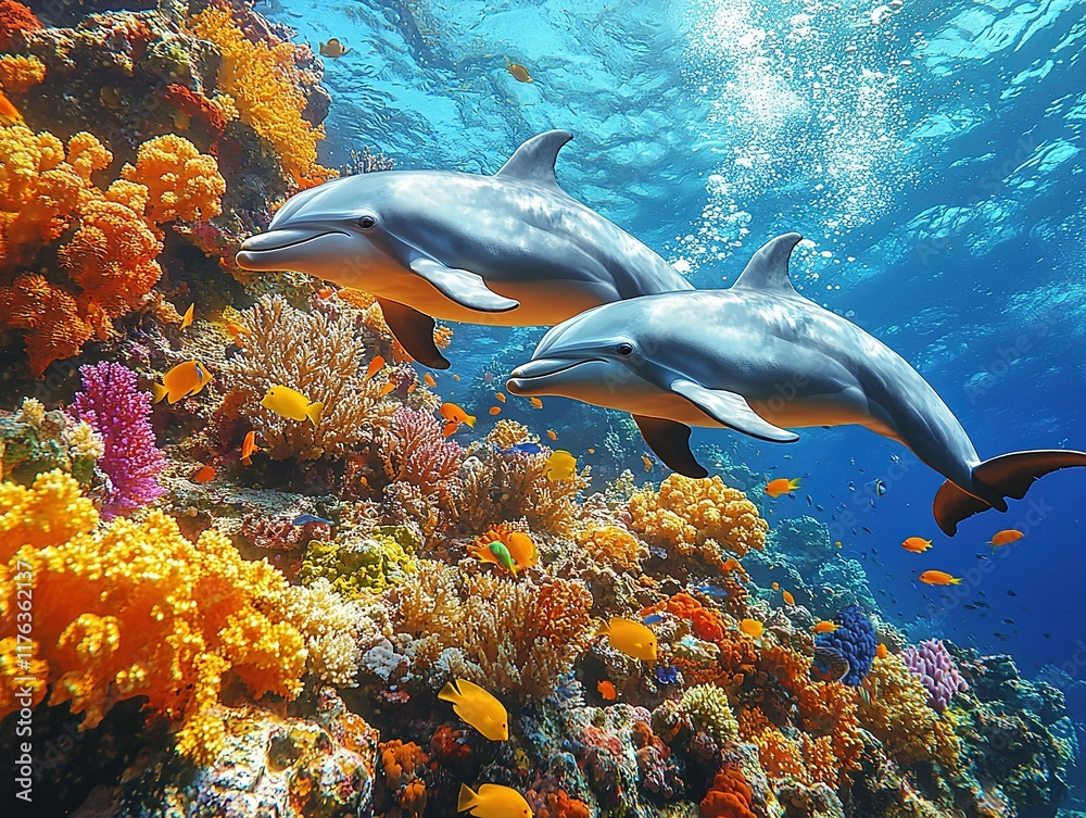 Fototapeta premium Two dolphins swim through vibrant coral reefs teeming with colorful fish in a clear underwater scene.