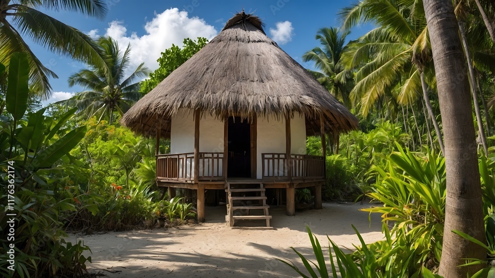 Cultural Serenity: Coconut Palm and Traditional Hut in a Tropical Setting Cultural Serenity: Coconut Palm and Traditional Hut in a Tropical Setting