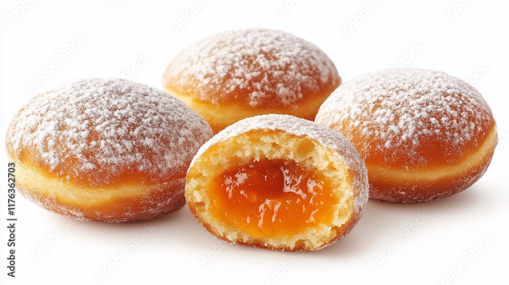 Four powdered sugar donuts, one cut open revealing apricot jam filling. Four powdered sugar donuts, one cut open revealing apricot jam filling.
