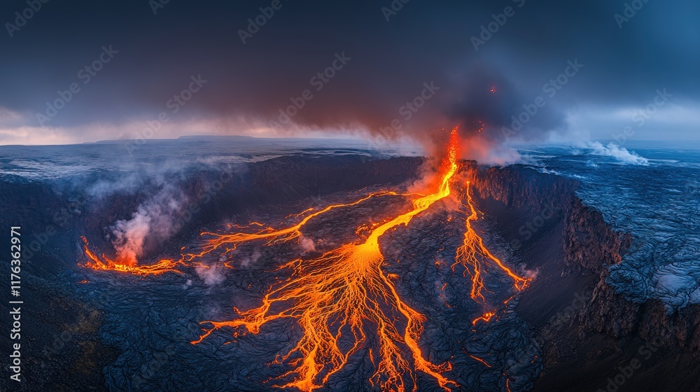 A stunning view of a volcanic eruption with flowing lava and smoke against a dramatic sky. A stunning view of a volcanic eruption with flowing lava and smoke against a dramatic sky.