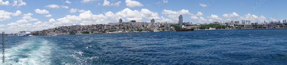 Stunning Cityscape View from the Water under Clear, Bright Blue Skies Stunning Cityscape View from the Water under Clear, Bright Blue Skies