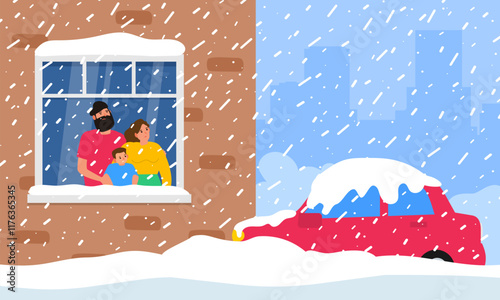 snow storm blizzard family looking throught the window from home winter weather vector illustration