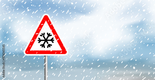 snowfall snow storm blizzard triangle road sign with snowflake copy space vector illustration