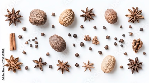 Close-up of nutmeg and star anise spice fruits and seeds on a clean white background, perfect for culinary, aromatic, and holiday cooking themes in food photography photo