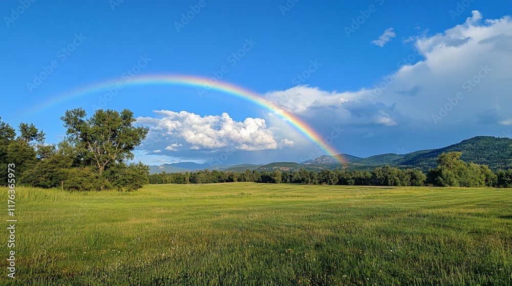 Naklejka premium A vibrant rainbow arches over a lush green landscape and mountains.
