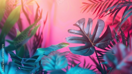 Vibrant Tropical Foliage with Monstera Leaves and Colorful Background Lighting for a Lush and Exotic Nature Aesthetic