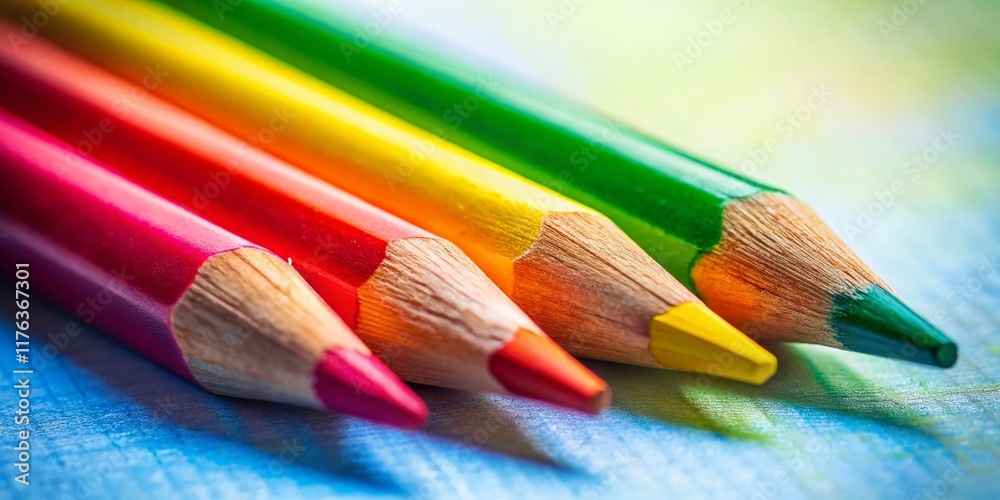 Fototapeta premium Tilt-Shift Photo: Three Colored Pencils on Matching Paper Background